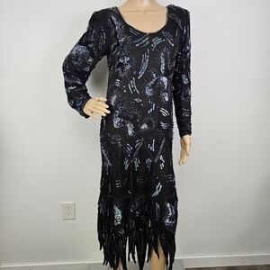 VTG Fantasy Lisa Kane Silk Dress Black Beaded Sequins Sz M New Year Whimsigoth